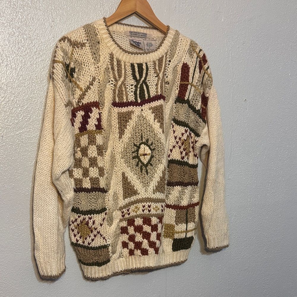 Vintage Patchwork Chunky Knit Sweater Earth Tones Grannycore Cottagecore Boho